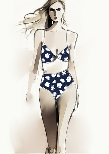 Retro Floral - 40mm - Navy & White