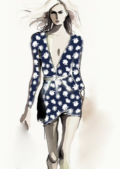 Retro Floral - 40mm - Navy & White