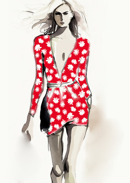 Retro Floral - 40mm - Red & White