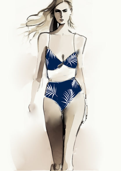 Tropical Leaf - 100mm - Navy & White