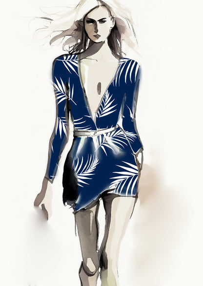 Tropical Leaf - 100mm - Navy & White